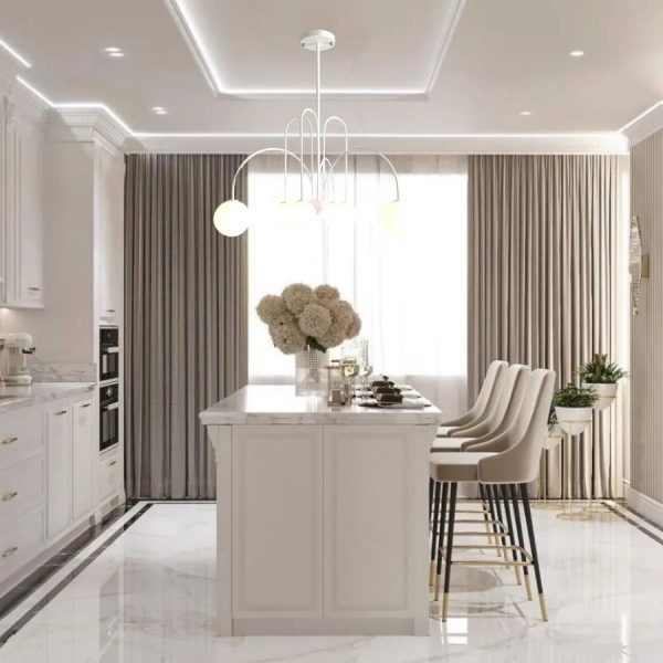 Candelabru de lux DM Living, Model DM1018/6 Alb – Brațe Albe și Sfere Luminoase pentru Un Design Modern și Iluminare Premium