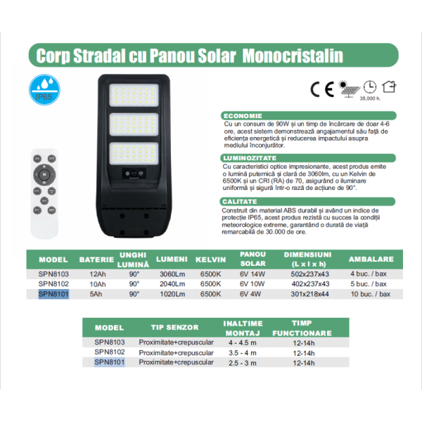 Lampa Stradala cu sensor de miscare,panou solar monocristalin integrat si telecomanda - 60W/6500k